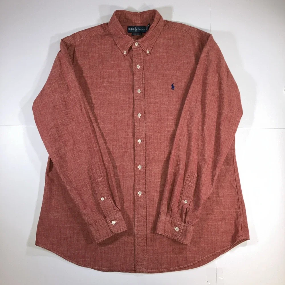 Polo Ralph Lauren Shirt Mens XL Red Slub Cotton Custom Fit Flesh Pony Linen Like